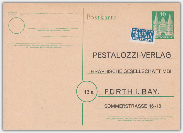 Werbepostkarte aus dem Jahr 1949, Die Karte ist als Werbeantwort für Händler gedacht.