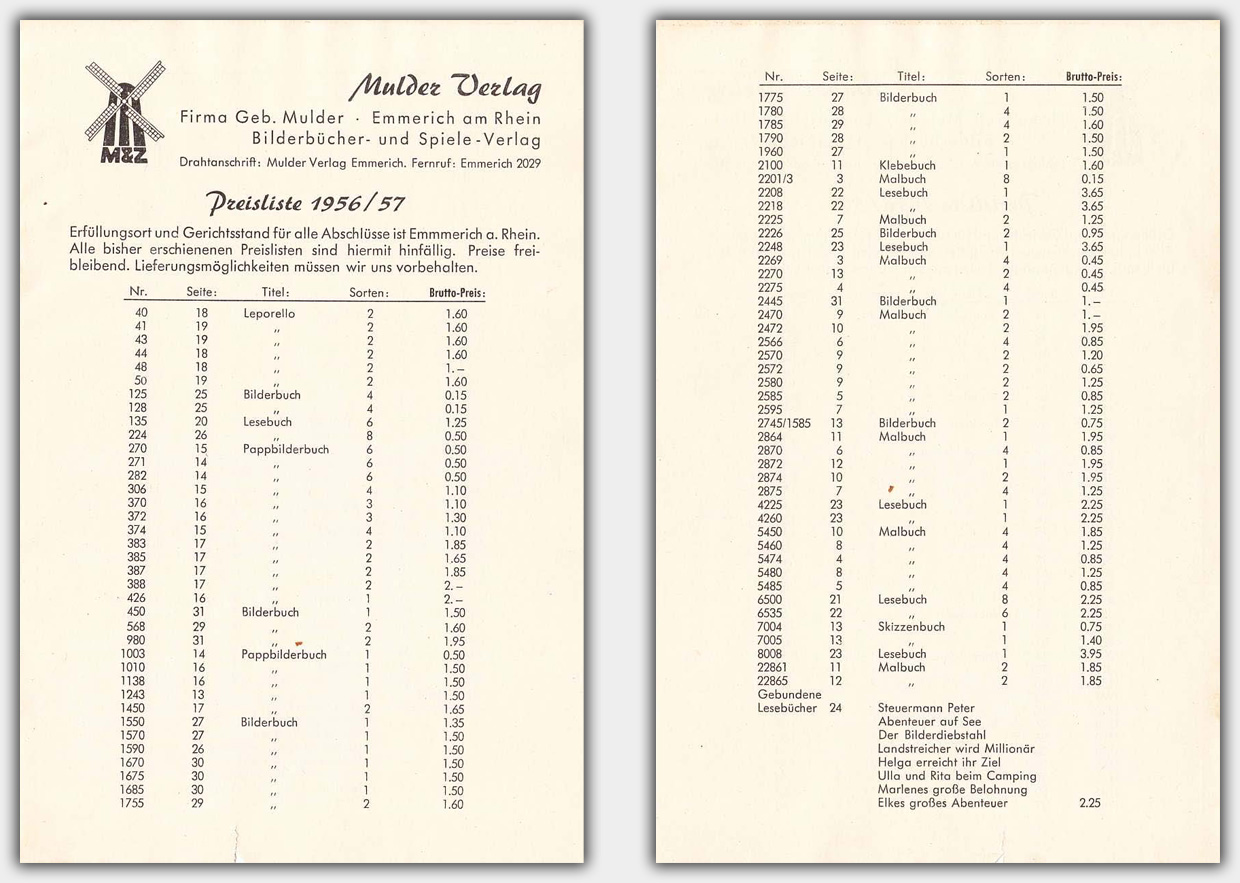 Mulder Katalog 1956 / 1957 | separate Preisliste Vor- und Rückseite